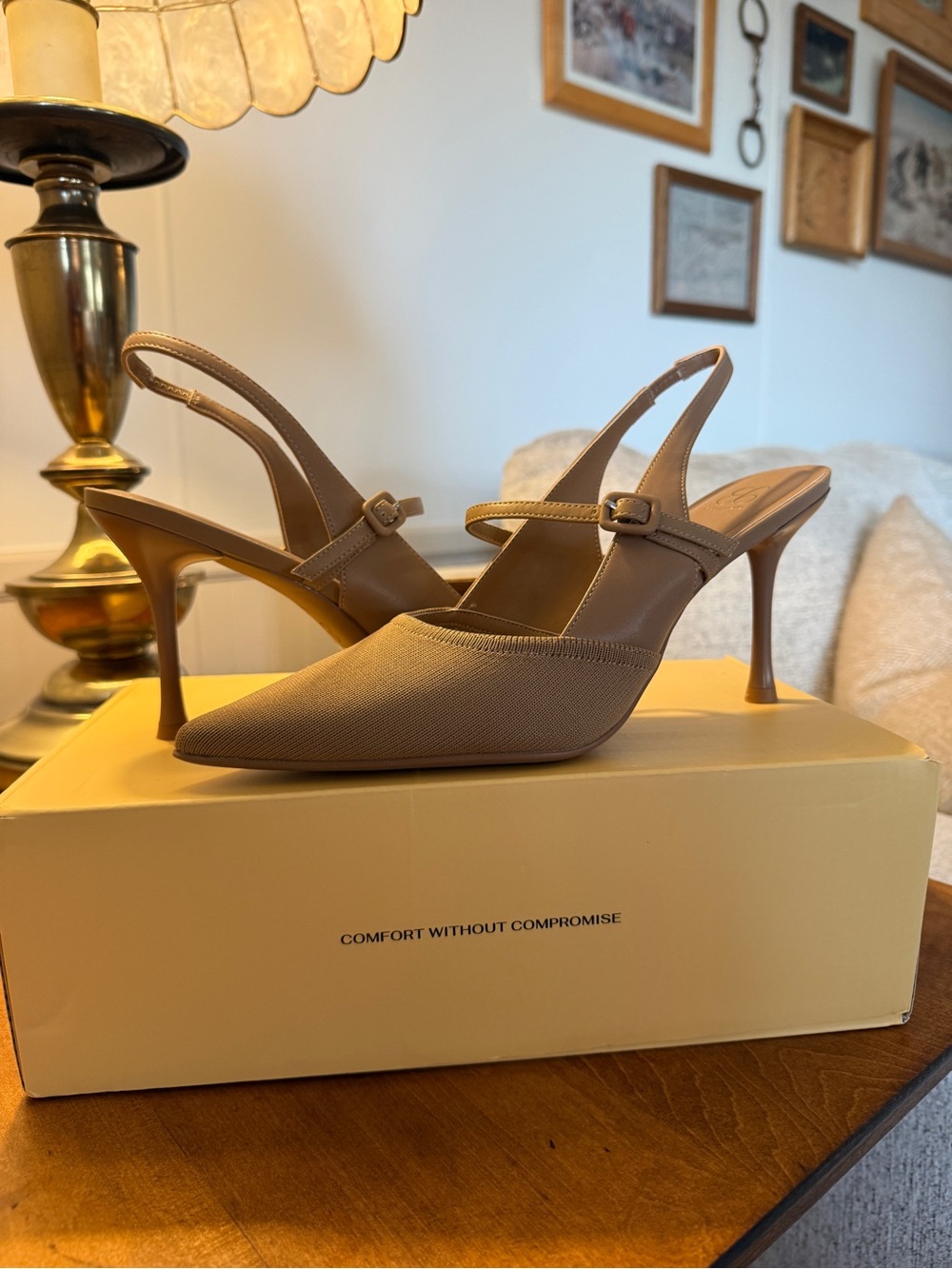 Pointed-Toe Slingback Heels in Beige - Women Shoes